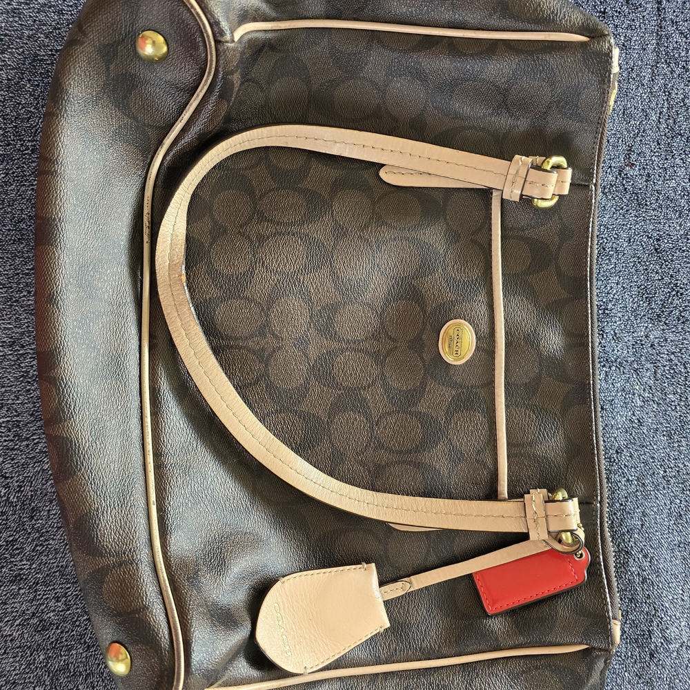 Coach Signature Brown and Tan Tote with Red Accent